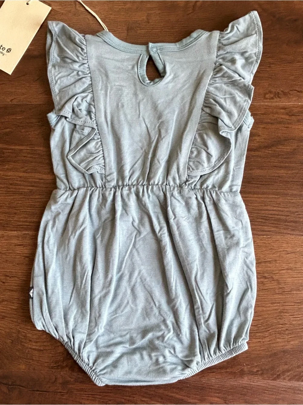 Kyte Short Sleeve Bubble Romper with Ruffles in Dusty Blue 6-12m